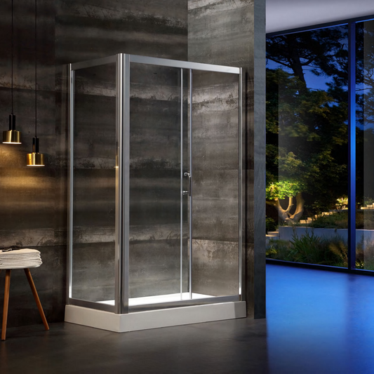 Modern 48" Walk-In Shower Enclosure with Base Pan | Brushed Silver Frame & Tempered Glass
